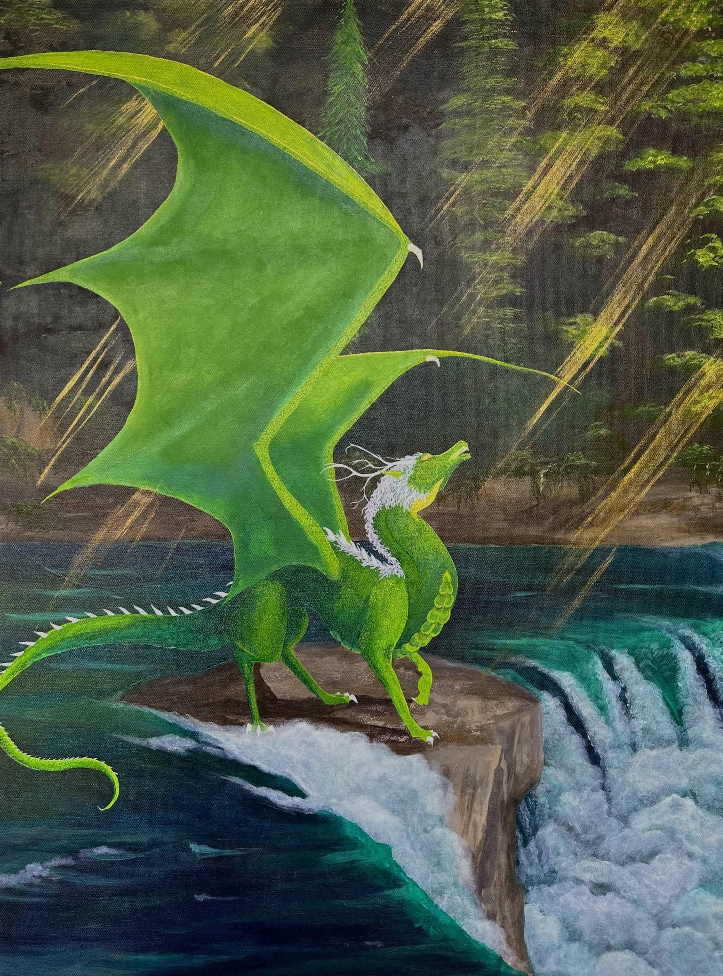 Acrylic painting featuring a green forest dragon preparing to leap into the sky from the edge of a rushing waterfall.