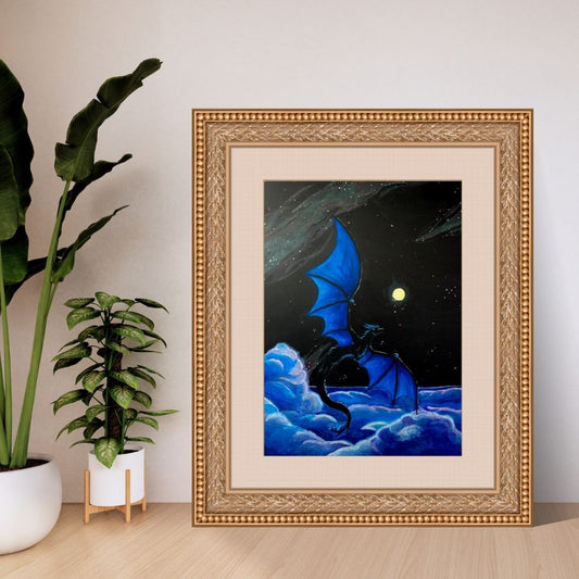 Black and blue dragon flying above illuminated clouds at night. Its face is pointed towards the moon and stars.