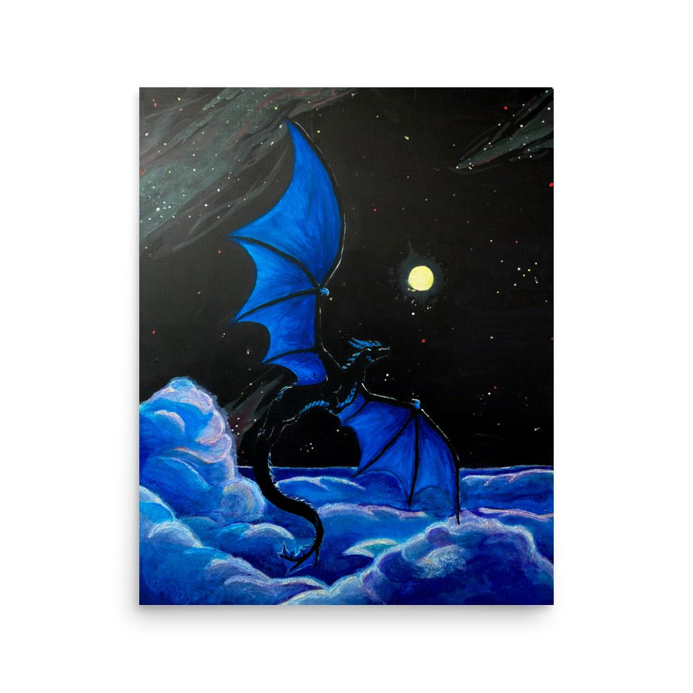 Black and blue dragon flying above illuminated clouds at night. Its face is pointed towards the moon and stars.