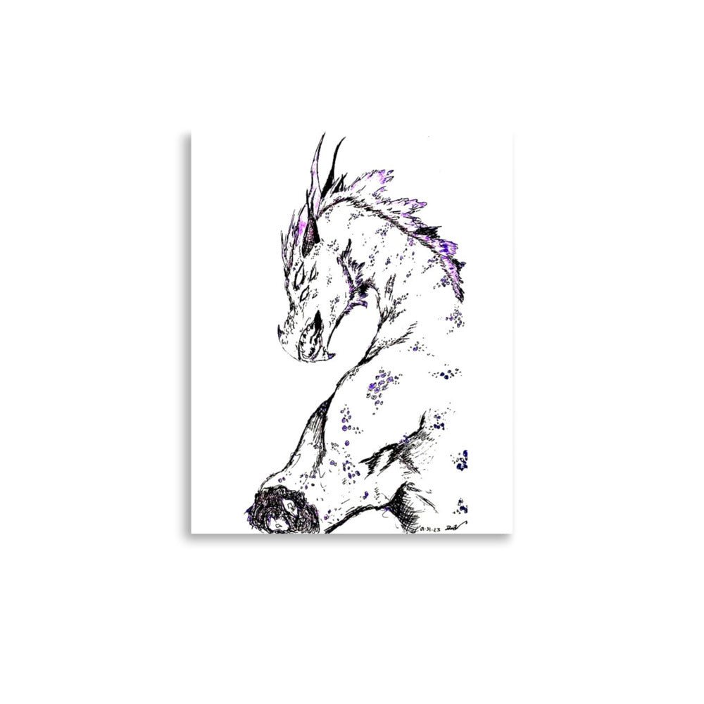Product mockup of an ink illustration featuring a dragon snarling at the viewer while extending a missing limb.