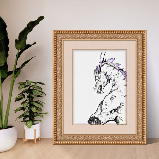 Ink illustration featuring a dragon snarling at the viewer while extending a missing limb fitted in frame.