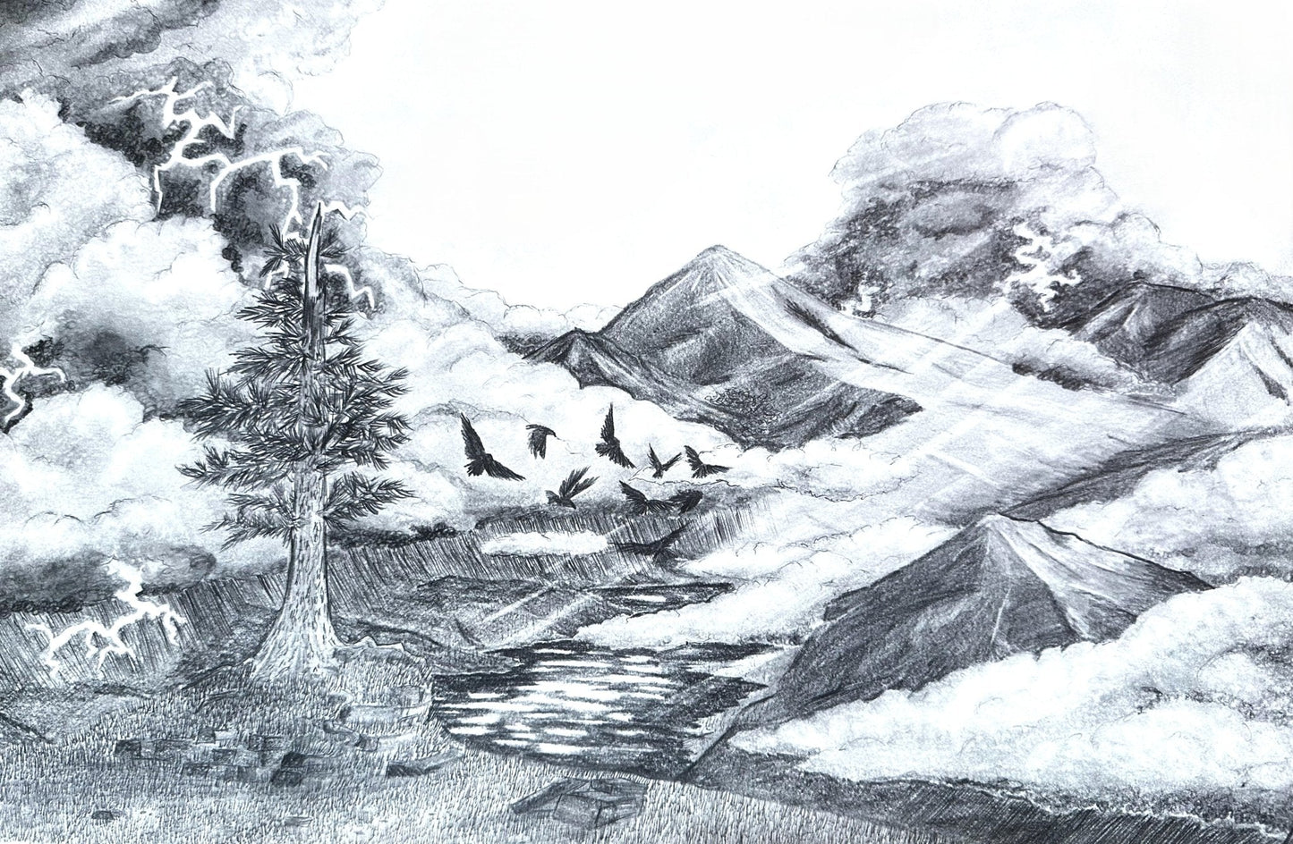 Graphite illustration of a group of ravens flying away towards distant mountains as a lightning storm rolls into the valley.