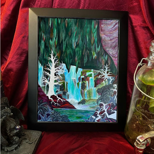 Acrylic painting featuring a waterfall flowing in a large abstract rainbow crystal cave with white trees growing underground.