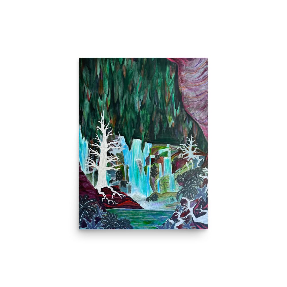 Acrylic painting featuring a waterfall flowing in a large abstract rainbow crystal cave with white trees growing underground.