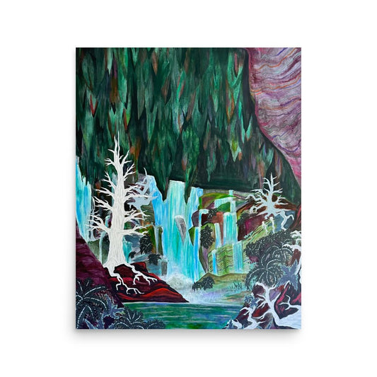 Acrylic painting featuring a waterfall flowing in a large abstract rainbow crystal cave with white trees growing underground.