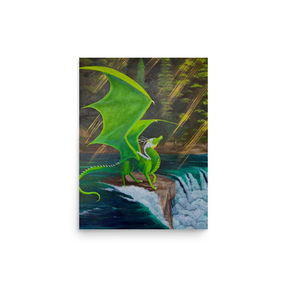 Acrylic painting featuring a green forest dragon preparing to leap into the sky from the edge of a rushing waterfall.