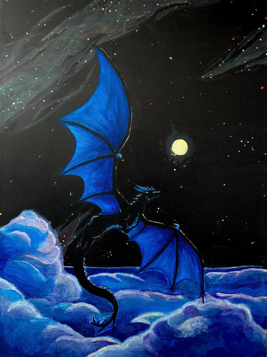 Black and blue dragon flying above illuminated clouds at night. Its face is pointed towards the moon and stars.