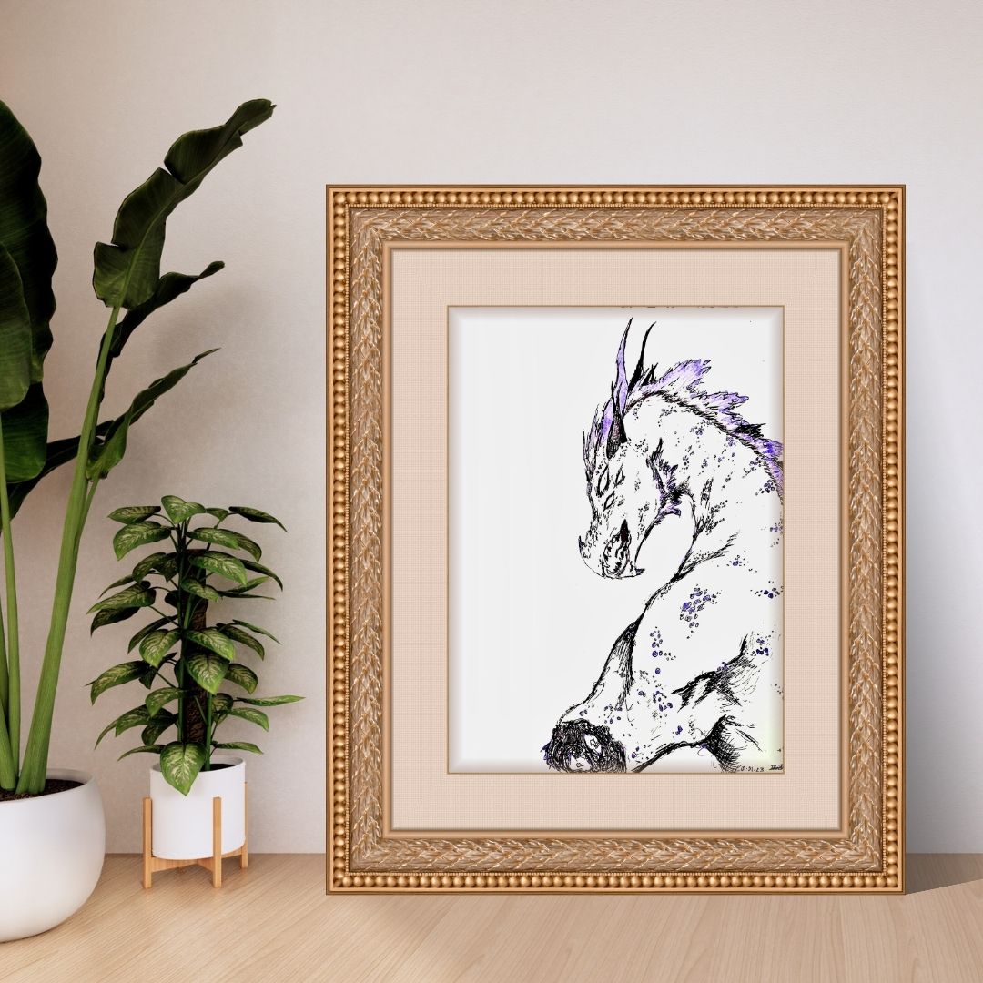 Ink illustration featuring a dragon snarling at the viewer while extending a missing limb fitted in frame.