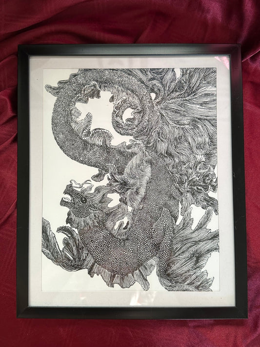 Framed detailed ink illustration featuring a black and white sea dragon twisting around itself.