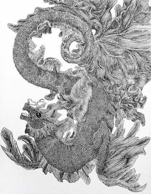 Detailed ink illustration featuring a black and white sea dragon twisting around itself.