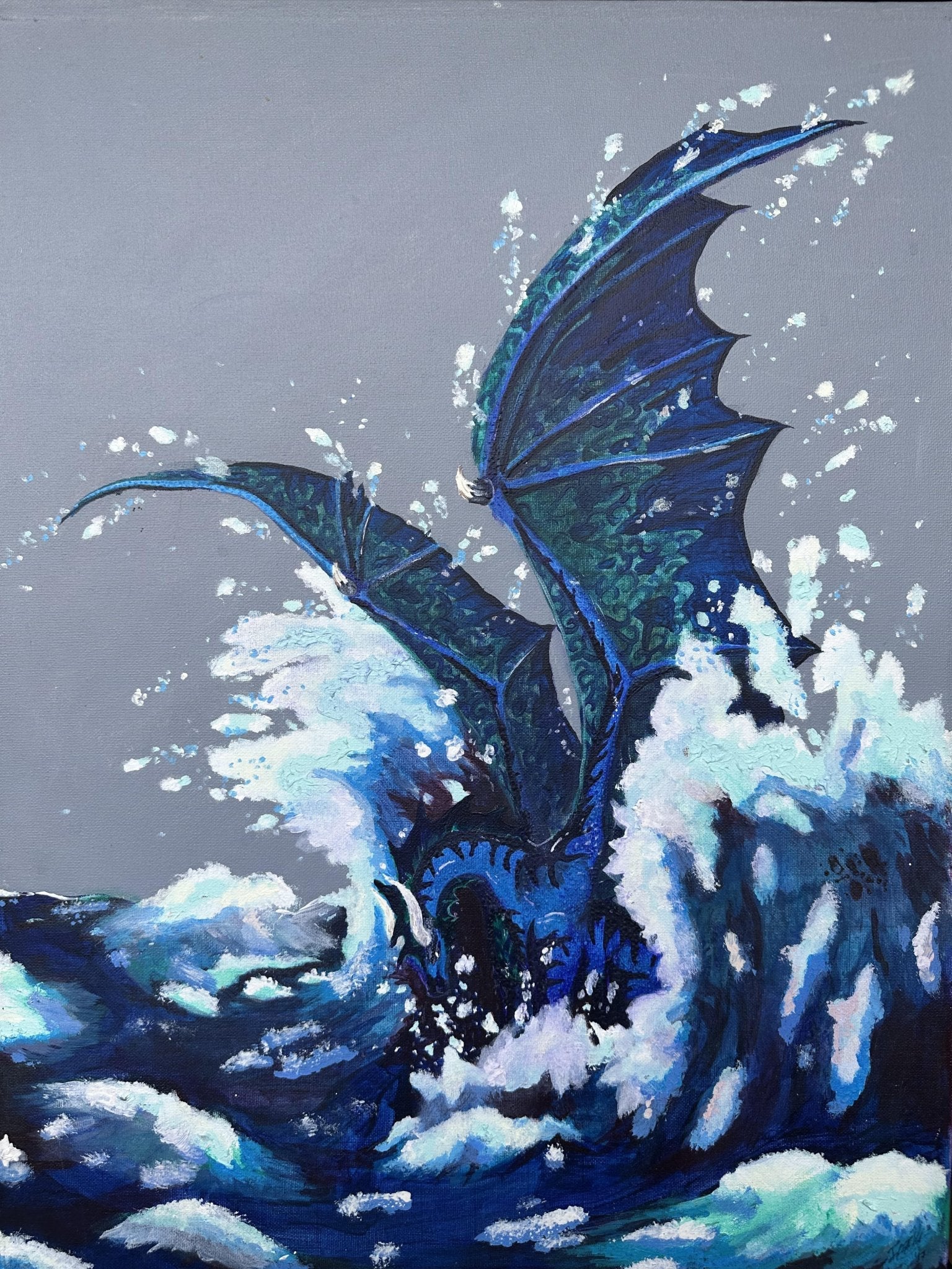 Blue sea dragon rising up from crashing ocean waves during a storm.