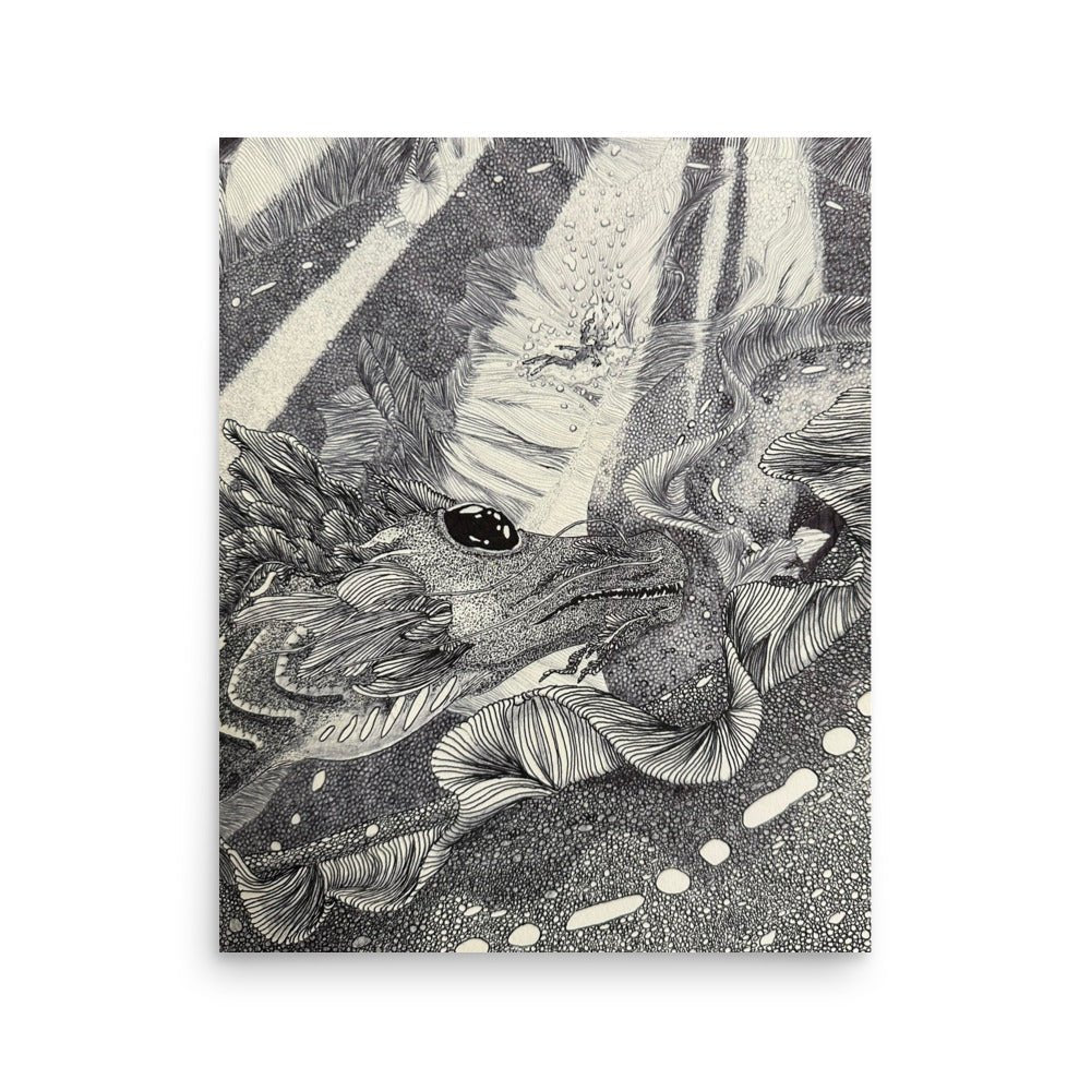 Product mockup of an ink illustration featuring a sea dragon staring at a drowning girl.