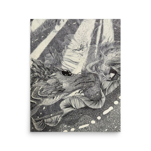 Product mockup of an ink illustration featuring a sea dragon staring at a drowning girl.