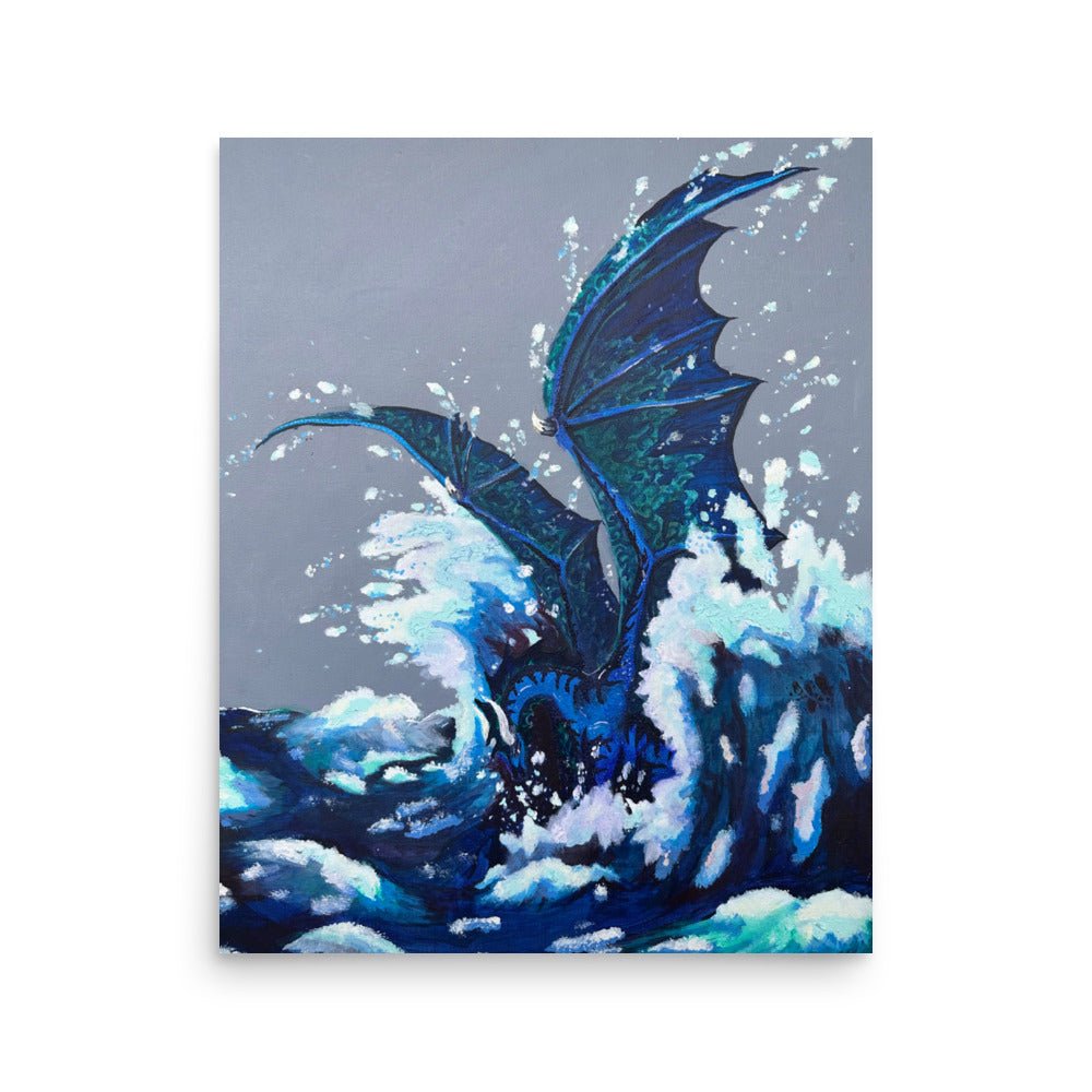 Blue sea dragon rising up from crashing ocean waves during a storm.