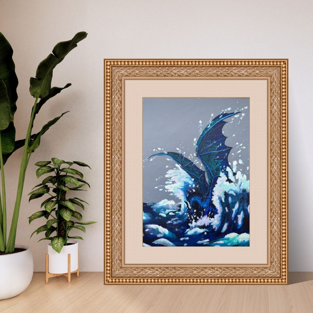 Framed blue sea dragon rising up from crashing ocean waves during a storm.