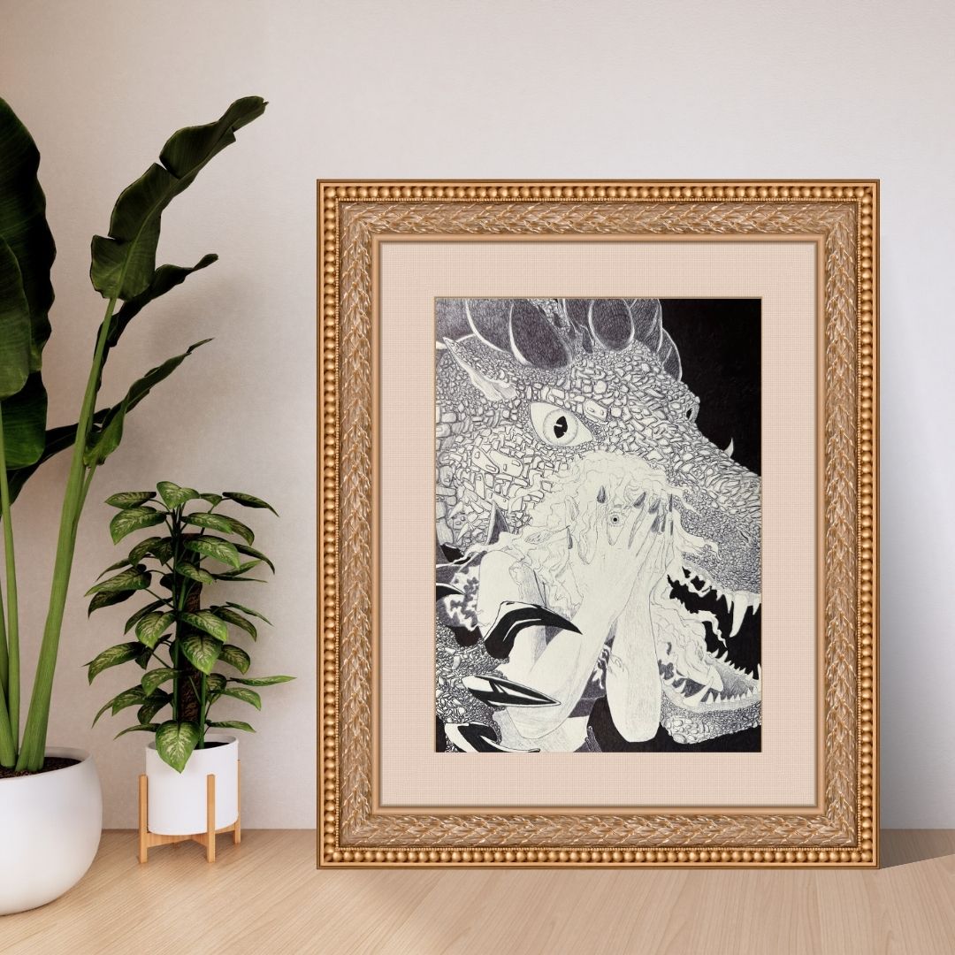 Ink illustration featuring a black & white dragon looking at the viewer as it holds claws over a girl clutching at her face.
