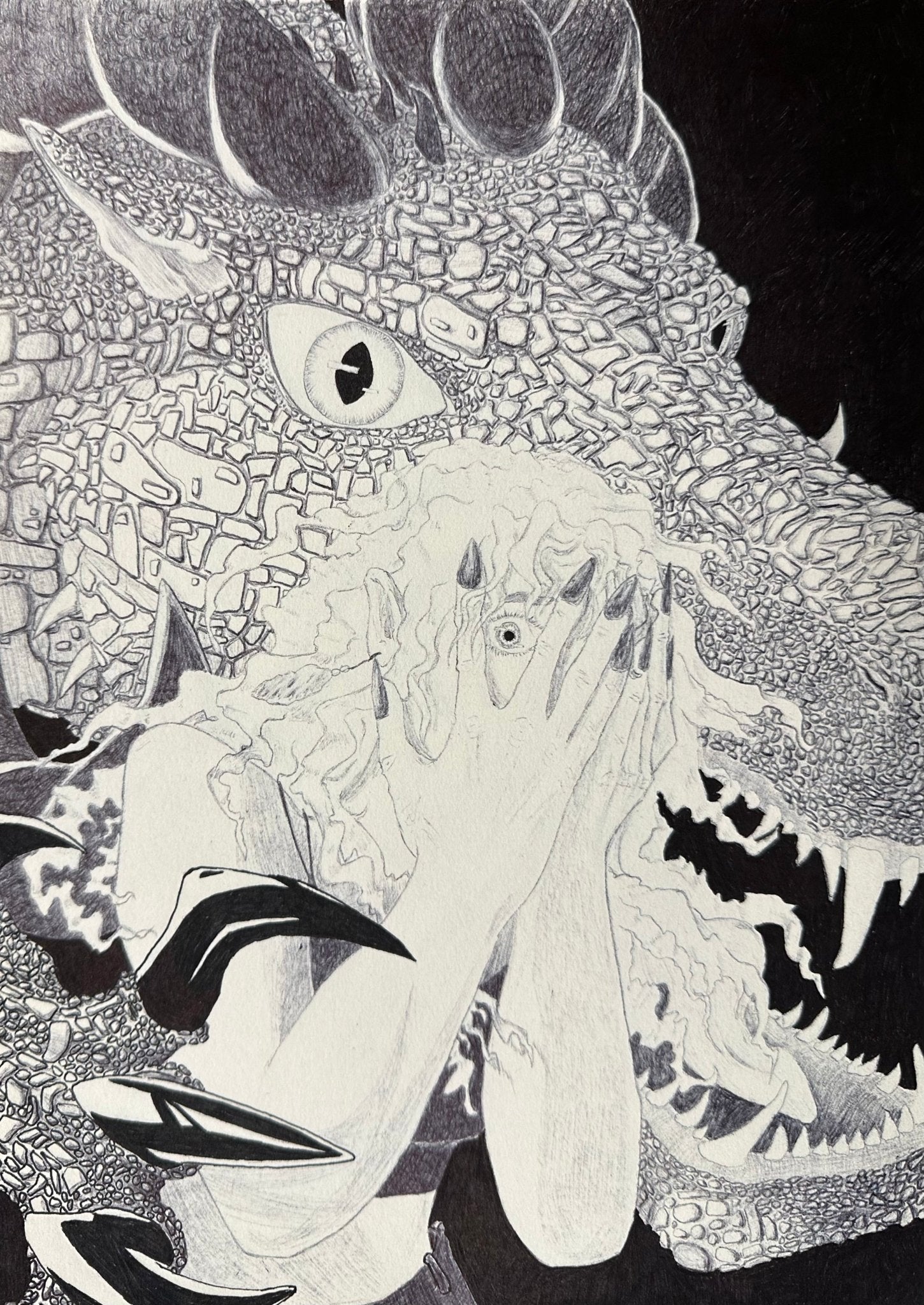 Ink illustration featuring a black & white dragon looking at the viewer as it holds claws over a girl clutching at her face.
