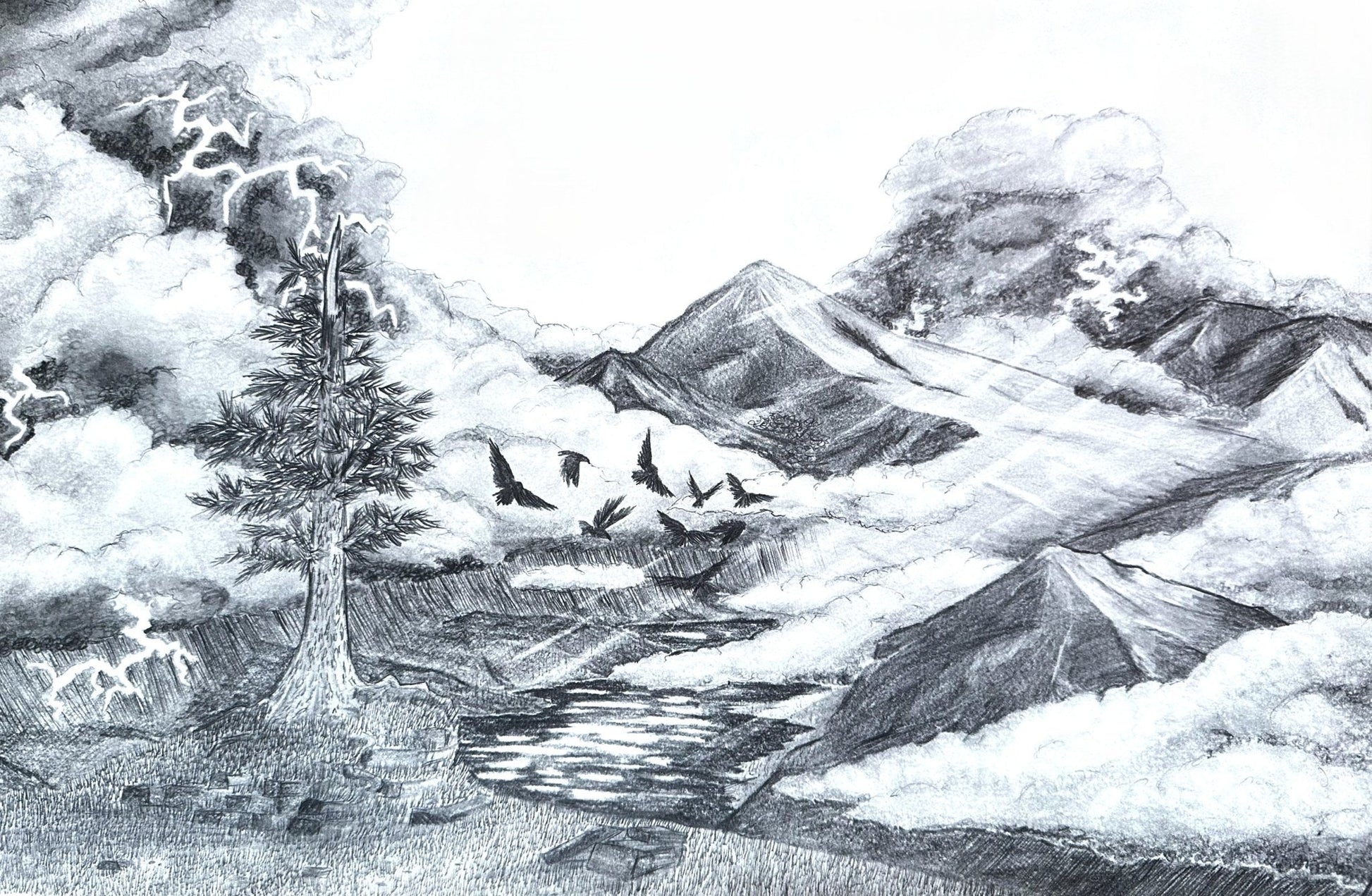 Graphite illustration of a group of ravens flying away towards distant mountains as a lightning storm rolls into the valley.