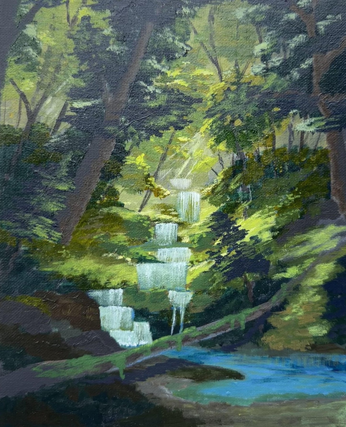 Reproduction of an acrylic painting featuring a waterfall captured under sunlight filtered through a dense forest canopy.