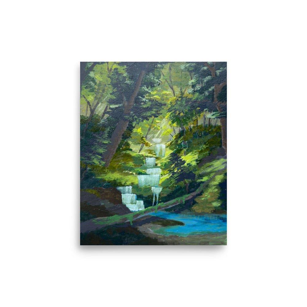 Reproduction of an acrylic painting featuring a waterfall captured under sunlight filtered through a dense forest canopy.