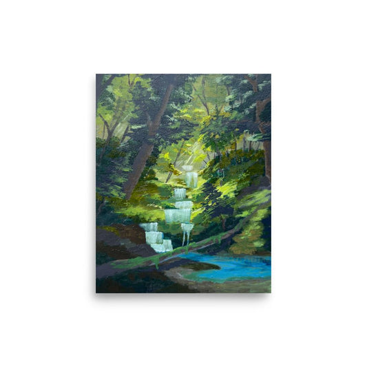 Reproduction of an acrylic painting featuring a waterfall captured under sunlight filtered through a dense forest canopy.