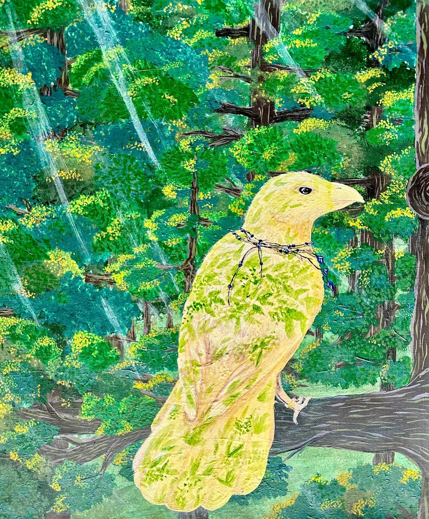 White raven sitting on the branch of a redwood tree with charms laced around its neck to indicate its inherent magic.